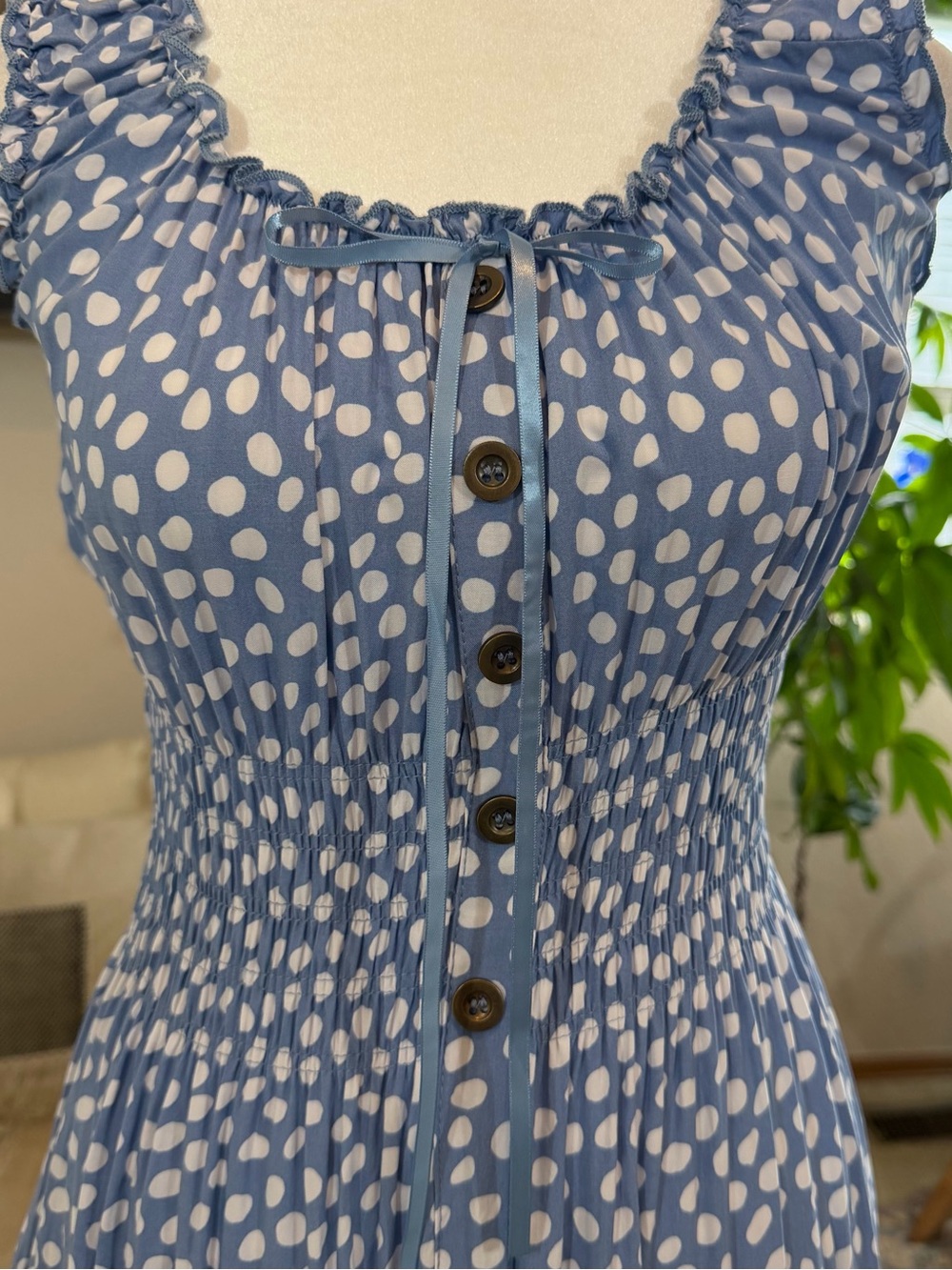 Blue White Polka Dot Boho MILKMAID Dress Peasant Sundress Smocked Maxi Dress S - Picture 3 of 10